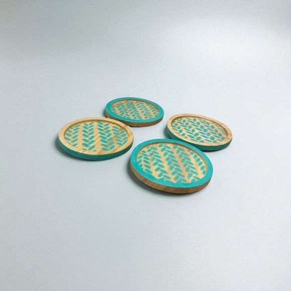 4 Handmade Wooden Blue Patterned Drink Coasters - Picture 2 of 5